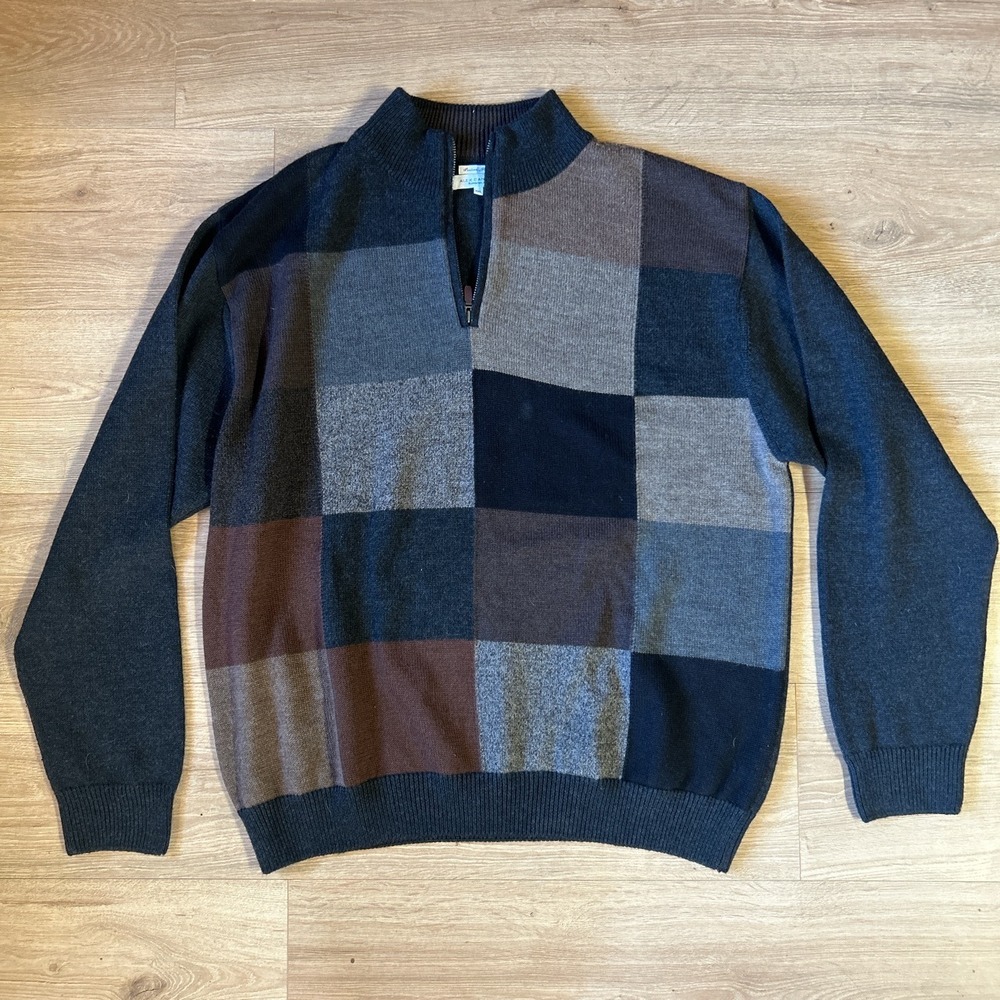 Alex Cannon‎ Mens XXL Quarter Zip Merino Wool Blend Patchwork Sweater